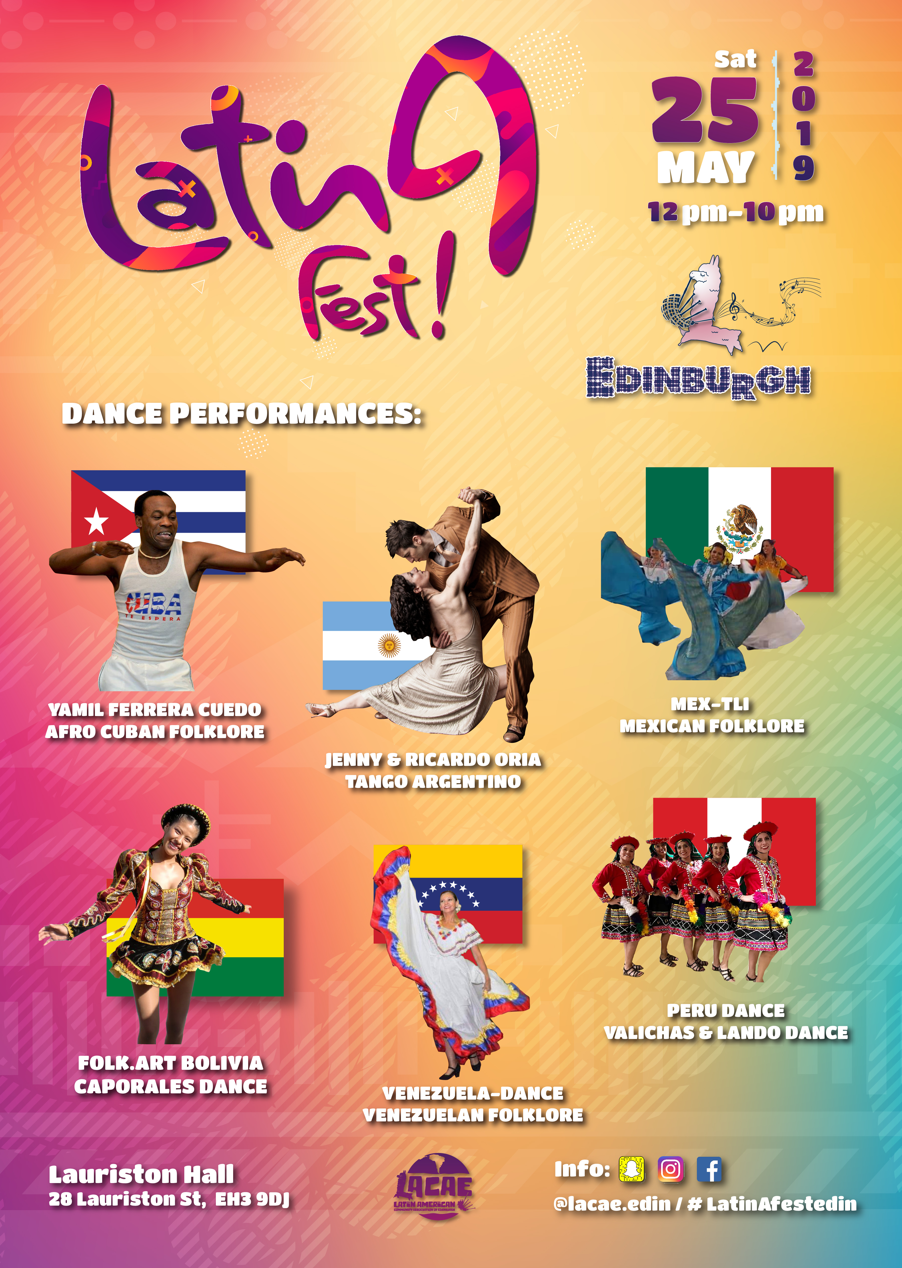 Poster advertising the dance performances at Latinafest 25th May 2019.