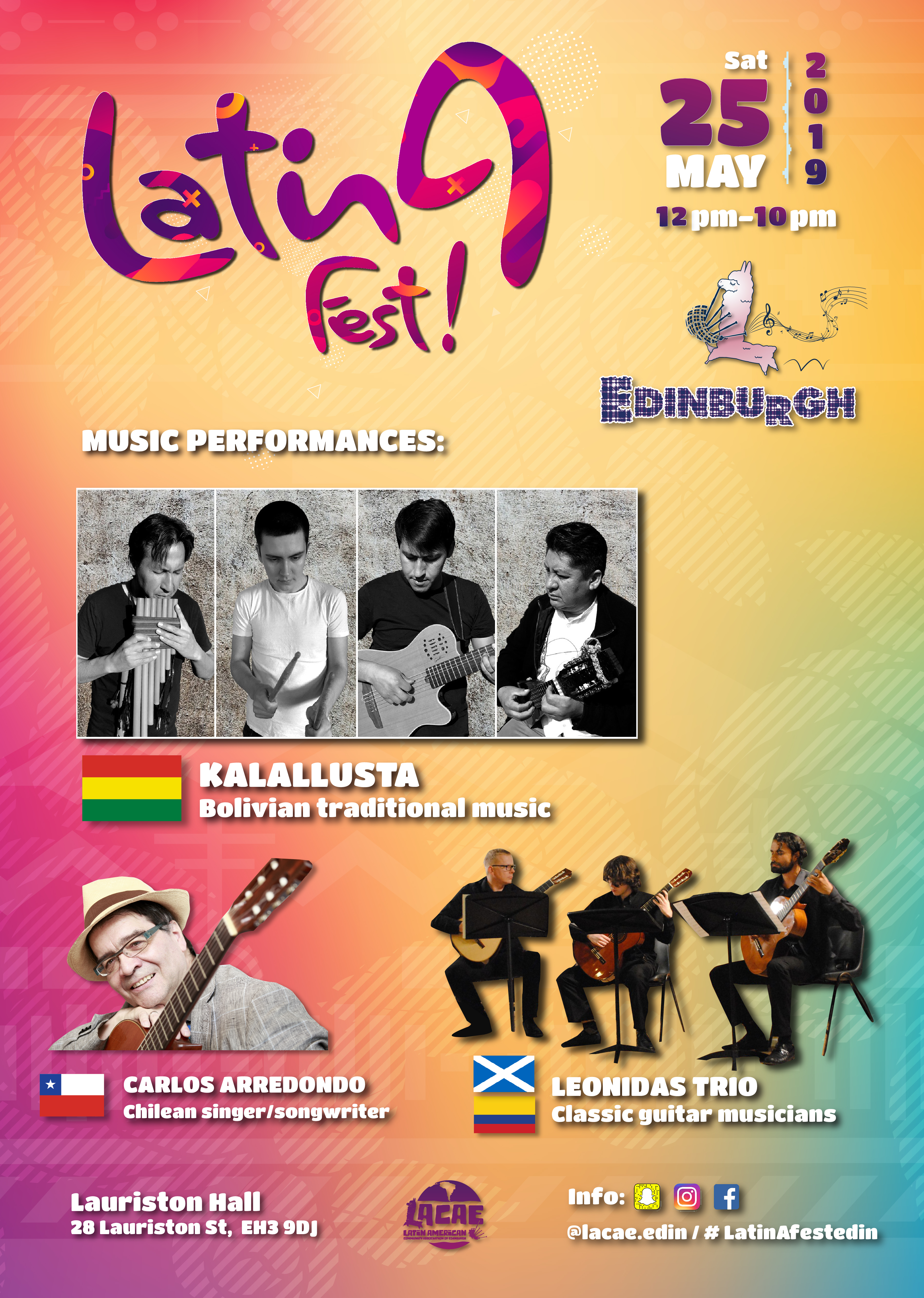 Poster advertising the musical performances scheduled for Latinafest 2019.